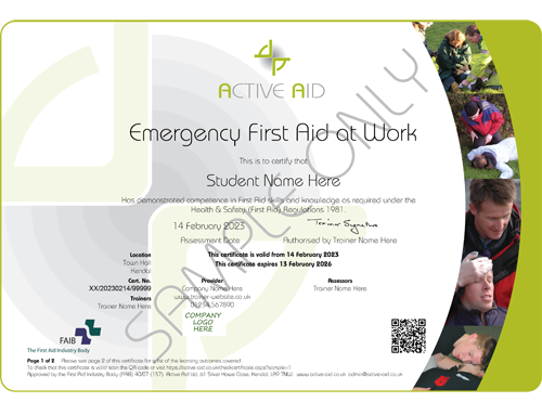 A sample of the front of an Active Aid certificate